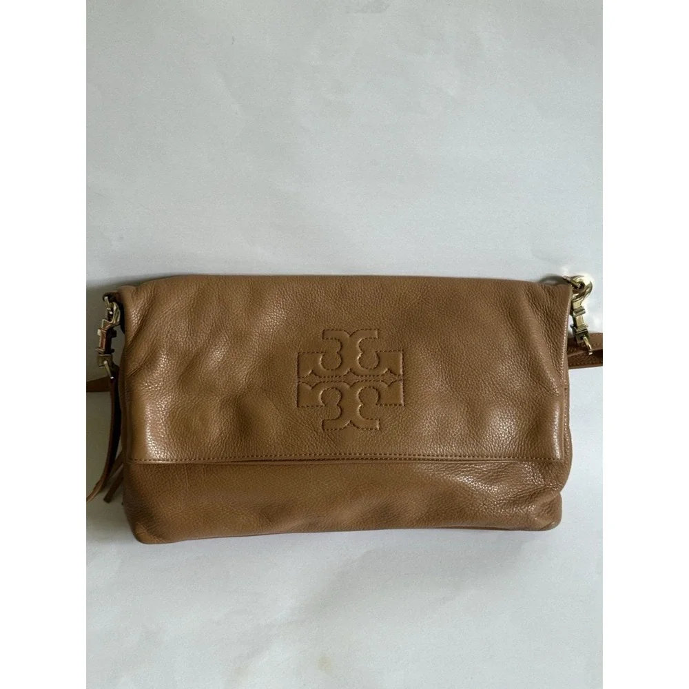 Beautiful Tory Burch Thea Fold-Over Crossbody in Tan Soft Pebbled Leather